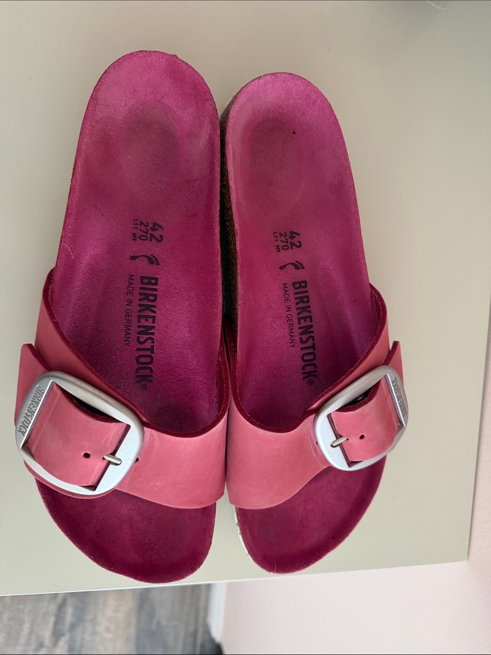 Birkenstock Pink One-Strap Slide Sandals with Silver Buckles
